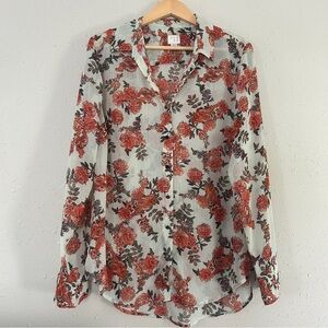 A New Day Mint Orange Long Sleeve Button Down Collar Blouse Floral Semi Sheer